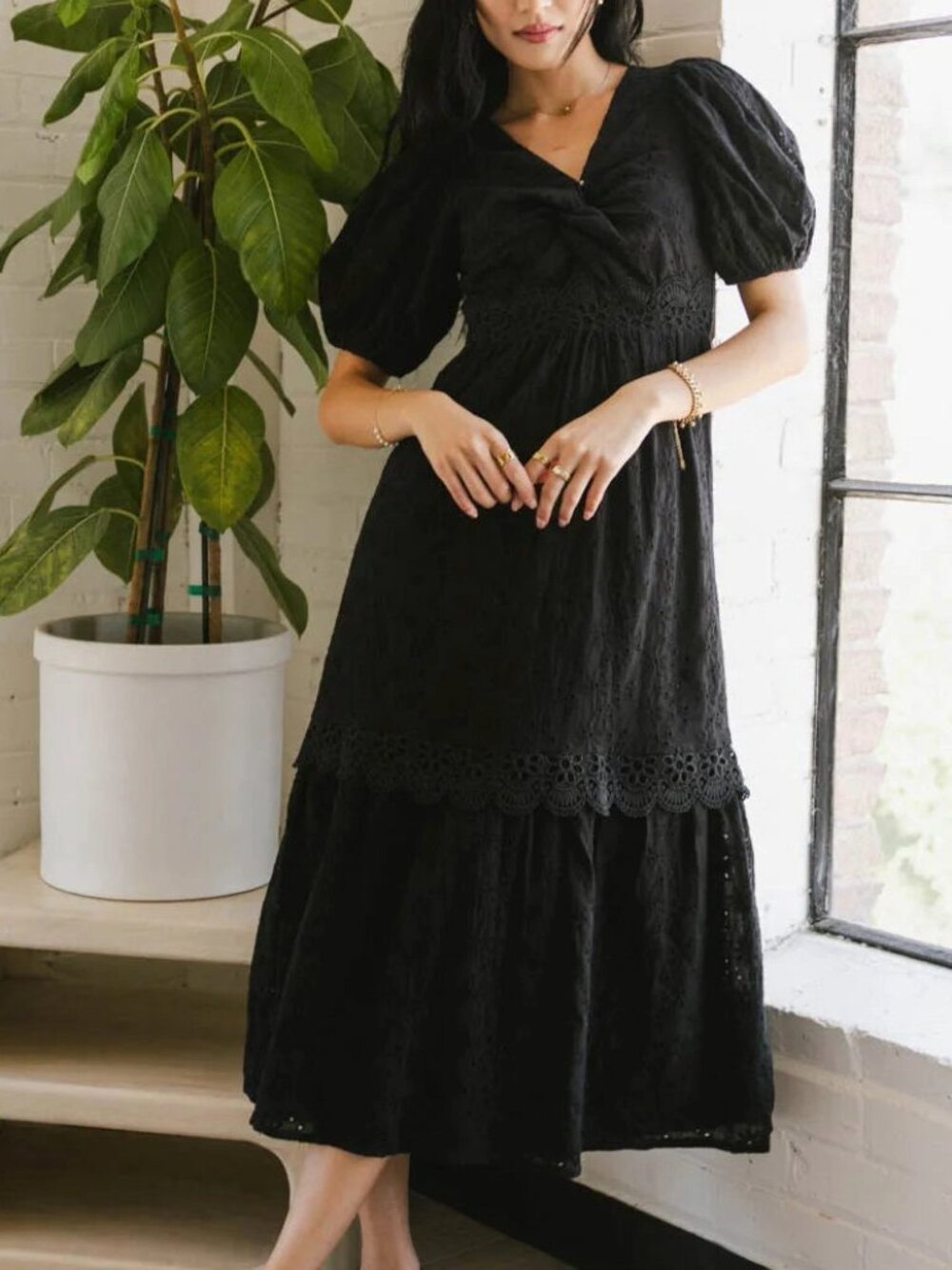 Black Puff-Sleeve Midi Dress with Eyelet Detail